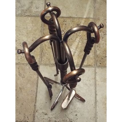 Antique Uniflame Copper Fireplace Set of 4 Poker Broom Shovel Tongs Swirl Handle