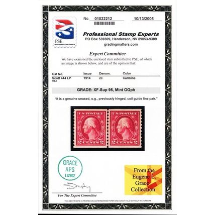 444, Mint VLH 2¢ XF Coil Line Pair - PSE Graded 95 Certificate * Stuart Katz