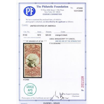 R150, Used VF/XF $20 Revenue Stamp - With PFC Graded 85 * Stuart Katz