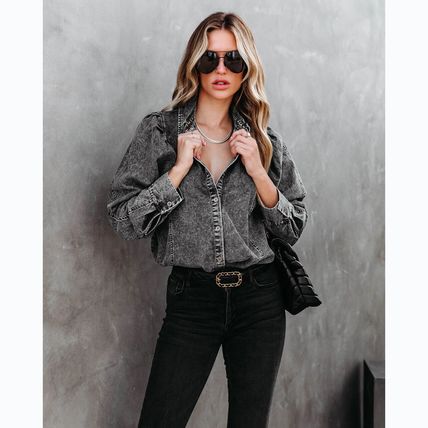 fashion street style denim shirt lady Autumn and winter lapel casual