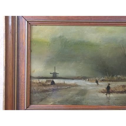 Antique Dutch Signed Oil Painting Children Skating on Frozen Lake 19.5 x 29.5 cm
