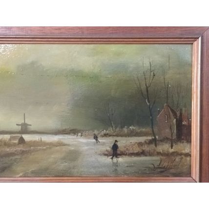 Antique Dutch Signed Oil Painting Children Skating on Frozen Lake 19.5 x 29.5 cm
