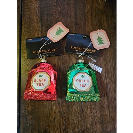 Tea Bag Ornaments - Set of Two Black Tea & Green Tea - Shiny Glass