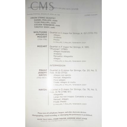 9 Chamber Music Sociery Playbills lot, 2014-15 Lincoln Center, NYC