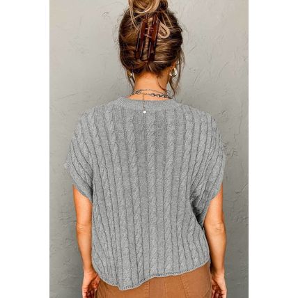 Gray Crew Neck Cable Knit Short Sleeve Sweater