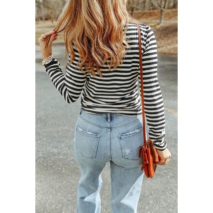 Black Striped Print Textured Knit Long Sleeve Tee