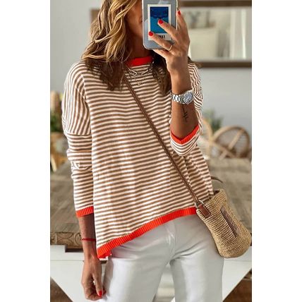 Brown Contrast Trimmed Striped Drop Shoulder Sweater