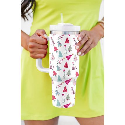 White Cartoon Christmas Tree Printed Thermos Cup