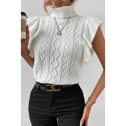 White Turtle Neck Short Sleeve Cable Knit Ruffled Sweater