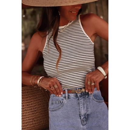 White Striped Print Ribbed Knit Sleeveless Top