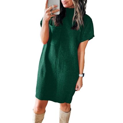 Blackish Green Patch Pocket Ribbed Knit Short Sleeve Sweater Dress