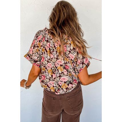 Pink Floral Print Bubble Hem Split Neck Blouse