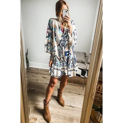 White Printed Tribal Print Bracelet Sleeve Buttoned Mini Dress