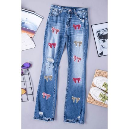 Blue Sequin Bowknot Print Distressed Flared Jeans