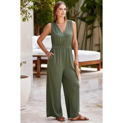 Jungle Green Deep V Pleated Crisscross Wide Leg Backless Jumpsuit