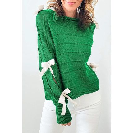 Bright Green Bow Knot Cut Out Round Neck Loose Sweater