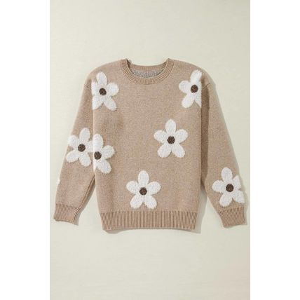Parchment Flower Pattern Ribbed Trim Crew Neck Sweater