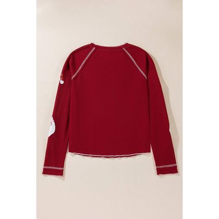 Red Sequin Santa Claus Graphic Textured Long Sleeve Top