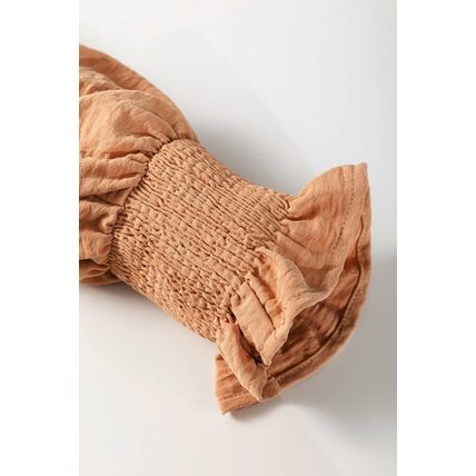 Straw Yellow Solid Color Shirred Cuff Notch V Neck Blouse