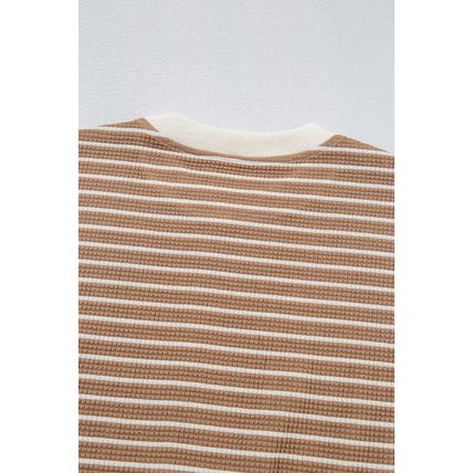 Khaki Stripe Patched Edge Textured Round Neck Long Sleeve Top