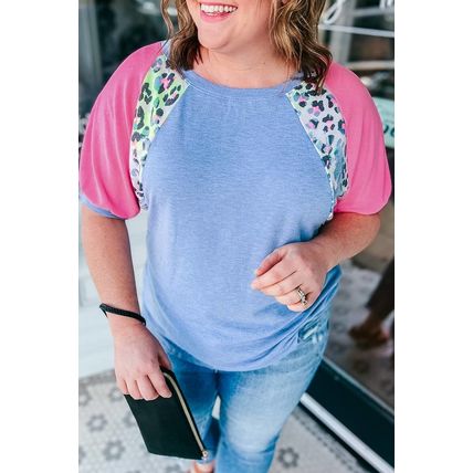 Sky Blue Leopard Print Patch Colorblock Plus Size T Shirt