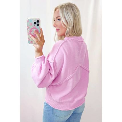 Pink Raw Edge Ribbed Detail Drop Shoulder Sweater