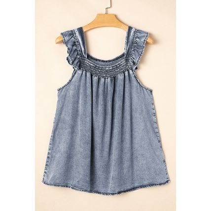 Ashleigh Blue Ruffled Shirred Neckline Sleeveless Denim Tank Top
