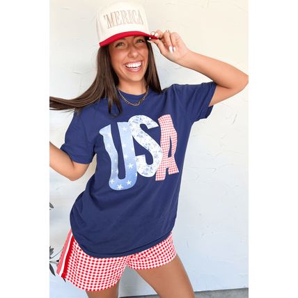 Blue USA Graphic July 4th Crew Neck T Shirt