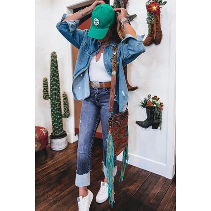 Real Teal Folded Cuffs Distressed Straight High Waist Jeans