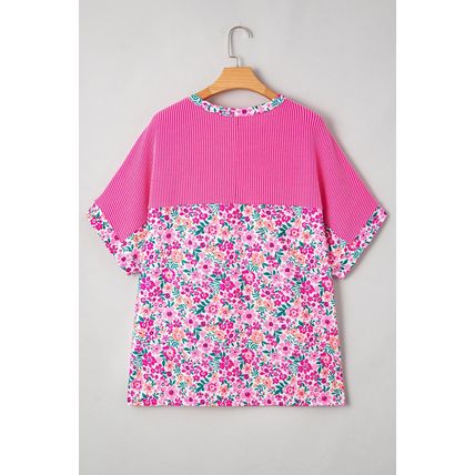 Pink Plus Size Floral Print Corded Patchwork Loose Top