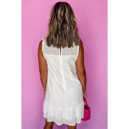 White Floral Eyelet Embroidered Sleeveless Shift Dress