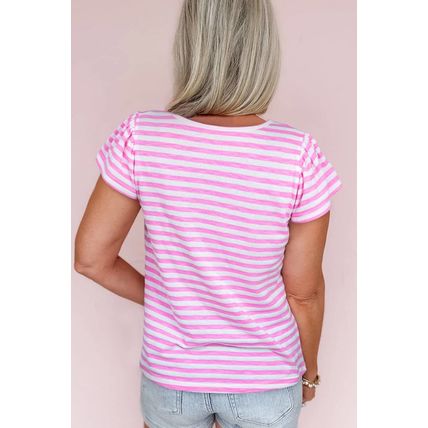 Bonbon Striped V Neck Ruffle Short Sleeve Top