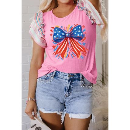 Bonbon Independence Celebration Bowknot Graphic Ruffled Sleeve Ribbed Summer Top
