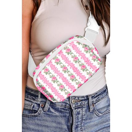White Flower Print Buckle Wide Strap Sling Bag