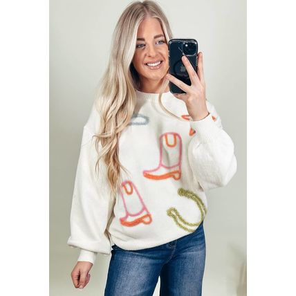 White Tinsel Western Boots Horseshoe Star Knit Crew Neck Sweater