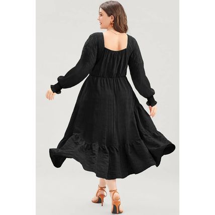 Black Lace-up Ruched Front Long Sleeve Ruffle Hem Plus Size Midi Dress