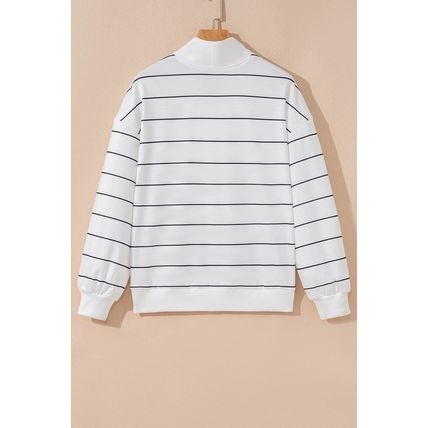 White Zip V Neck Casual Stripe Print Drop Shoulder Long Sleeve Top