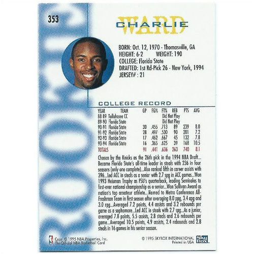1994-1995 Hoops - #353 - Charlie Ward RC