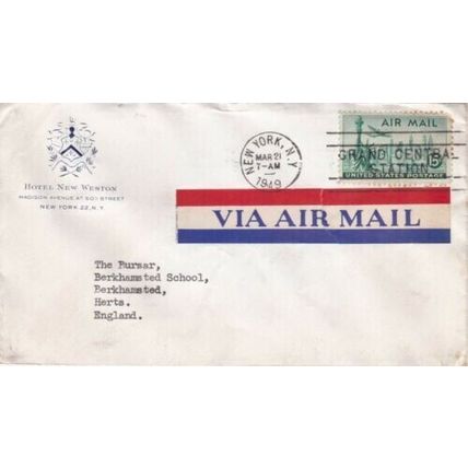 United States 1949 New York to Berkhamstead UK Air Mail Cover New York cancel VG