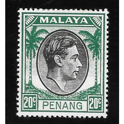 PENANG MALAYA 1949 KG6 20c SG14 14 SG BLACK GREEN MINT HINGED