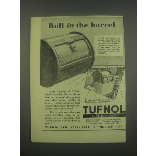 1949 Tufnol Ltd. Ad - Roll in the barrel