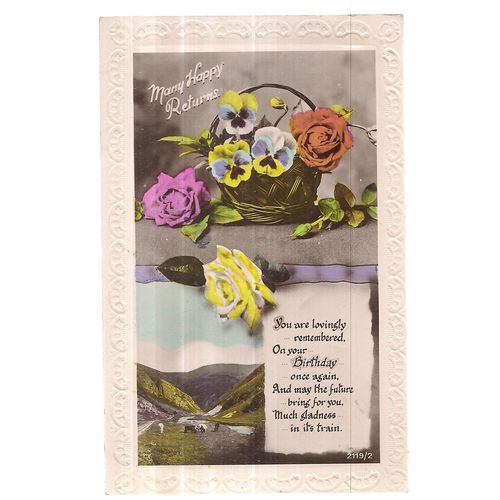 MANY HAPPY RETURNS, BIRTHDAY .. used vintage postcard RP 1938 postmark pansies