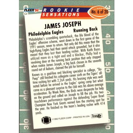 1992 Fleer Rookie Sensations James Joseph # 6 of 20