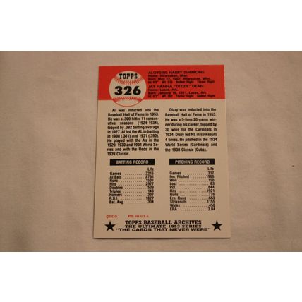 Aloysius Al Simmons/Jay Dizzy Dean 1991 Topps 1953 Archives NO. 326