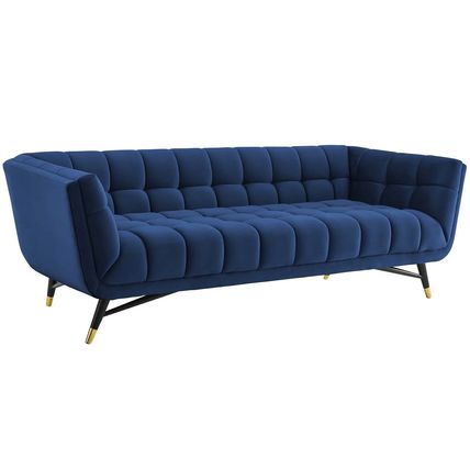 Chic Mid-Century Modern Velvet Sofa Splayed Black Birchwood Frame Gold Metal Fee