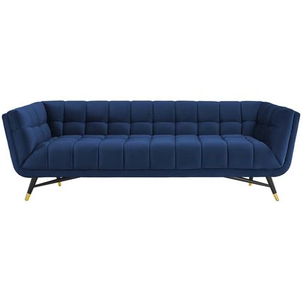 Chic Mid-Century Modern Velvet Sofa Splayed Black Birchwood Frame Gold Metal Fee