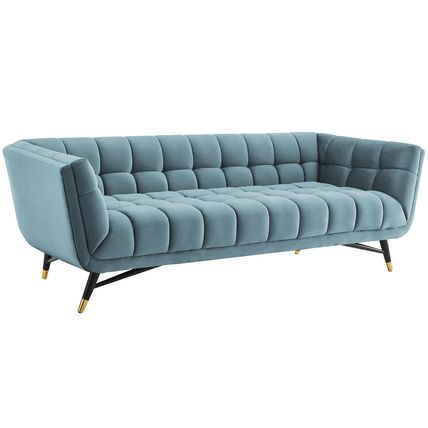 Chic Mid-Century Modern Velvet Sofa Splayed Black Birchwood Frame Gold Metal Fee