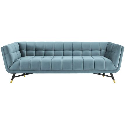 Chic Mid-Century Modern Velvet Sofa Splayed Black Birchwood Frame Gold Metal Fee