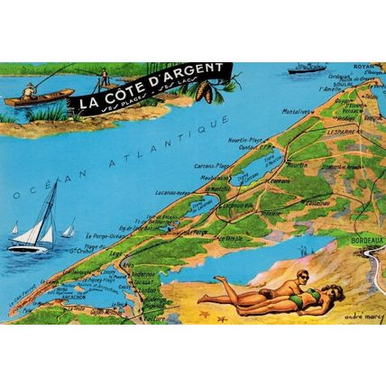 La Cote d'Argent Plages Map Postcard French Postcard