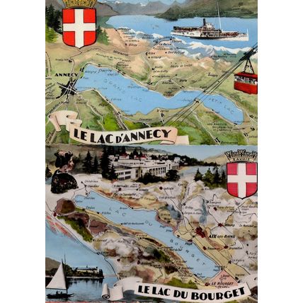 Le Lac Du Bourget D'Annecy 2x Ship Map French Postcard s